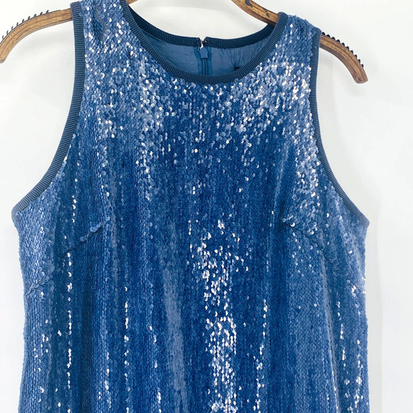 Carmen Marc Valvo Denim Blue Sequin Sleeveless Shift Dress Size 6 Small - Picture 4 of 14